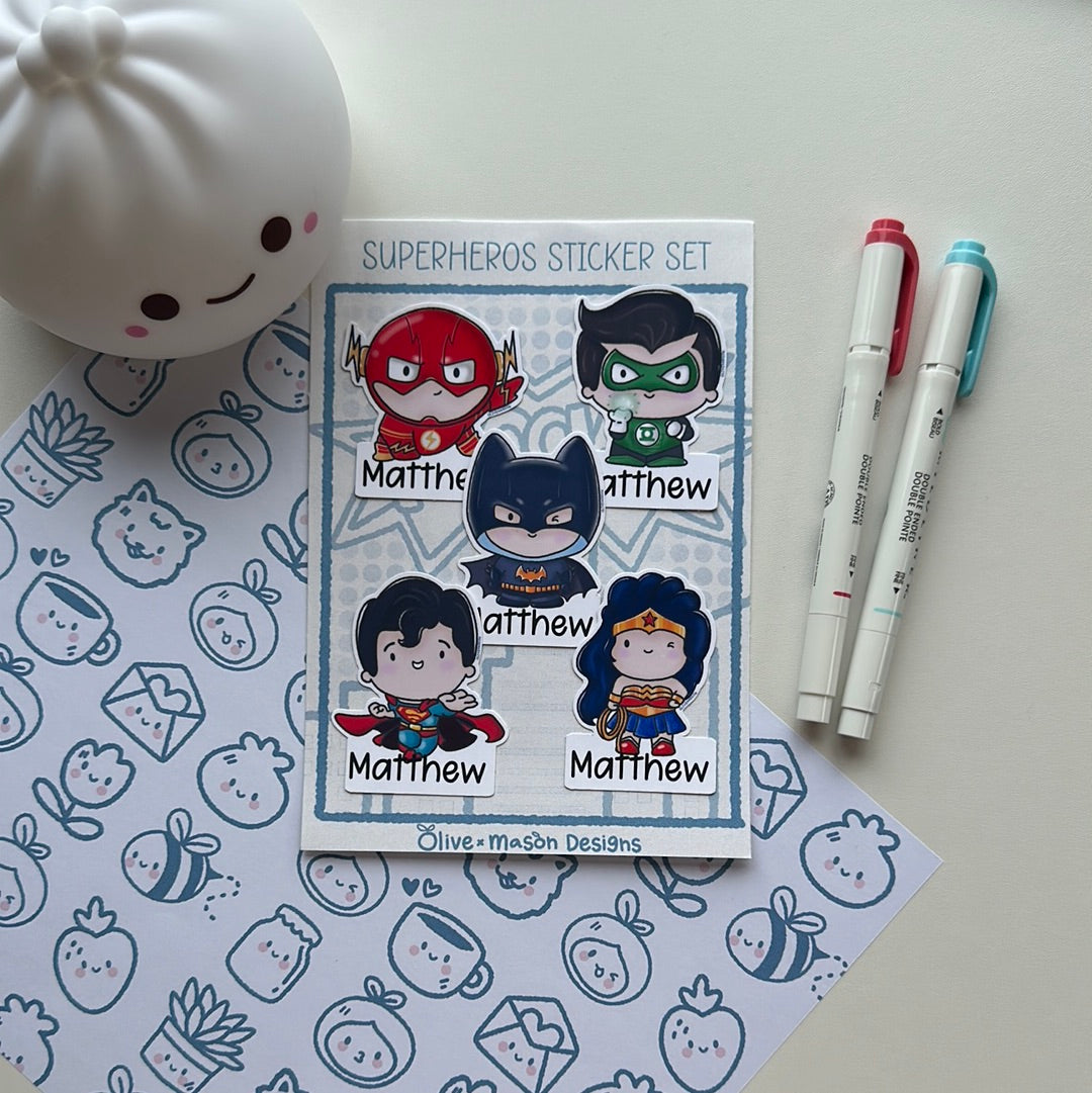 Personalized Superheros Vol 2 Waterproof Vinyl Sticker Set (Set of 5)